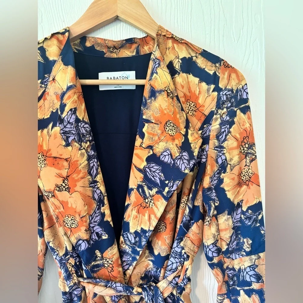 Babaton Aritzia Blue Orange Quincy Floral Trench Cardigan Jacket Wrap Dress - Picture 13 of 17